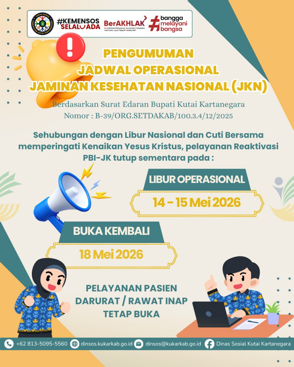📢 PENGUMUMAN JADWAL OPERASIONAL 📢

Sehubungan dengan memperingati Hari Kenaikan Yesus Kristus, pelayanan Reaktivasi PBI-JK akan libur pada:
🗓️ 14 - 15 Mei 2026

Kami akan membuka kembali pelayanan normal pada:
🗓️ Senin, 18 Mei 2026

⚠️ Catatan Penting:
Bagi pasien Rawat Darurat (IGD) dan Rawat Inap, pelayanan tetap berjalan 24 JAM tanpa libur. Kesehatan Anda adalah prioritas kami.

Selamat memperingati Hari Kenaikan Yesus Kristus bagi yang merayakan. Stay safe and healthy! ✨