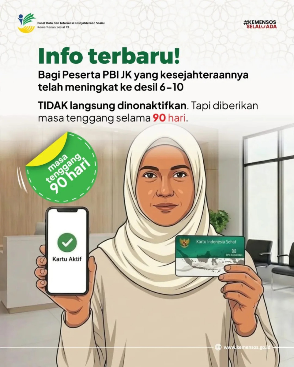 Info terbaru!
Bagi Peserta PBI JK yang kesejahteraannya telah meningkat ke desil 6-10
Tidak langsung dinonaktifkan. Tapi diberikan masa tenggang selama 90 hari
Manfaatkan masa tenggang untuk:
1. Beralih ke segmen mandiri jika sudah mampu, atau
2. Melakukan pembaruan DTSEN jika merasa desilnya tidak sesuai.
PBI JK hanya untuk keluarga tidak mampu pada desil 1-5. Mari dukung upaya bansos semakin tepat sasaran karena setiap ada satu bantuan yg dinikmati orang mampu disitu ada hak orang tidak mampu yang terampas.
Reposted from @pusdatinkesos