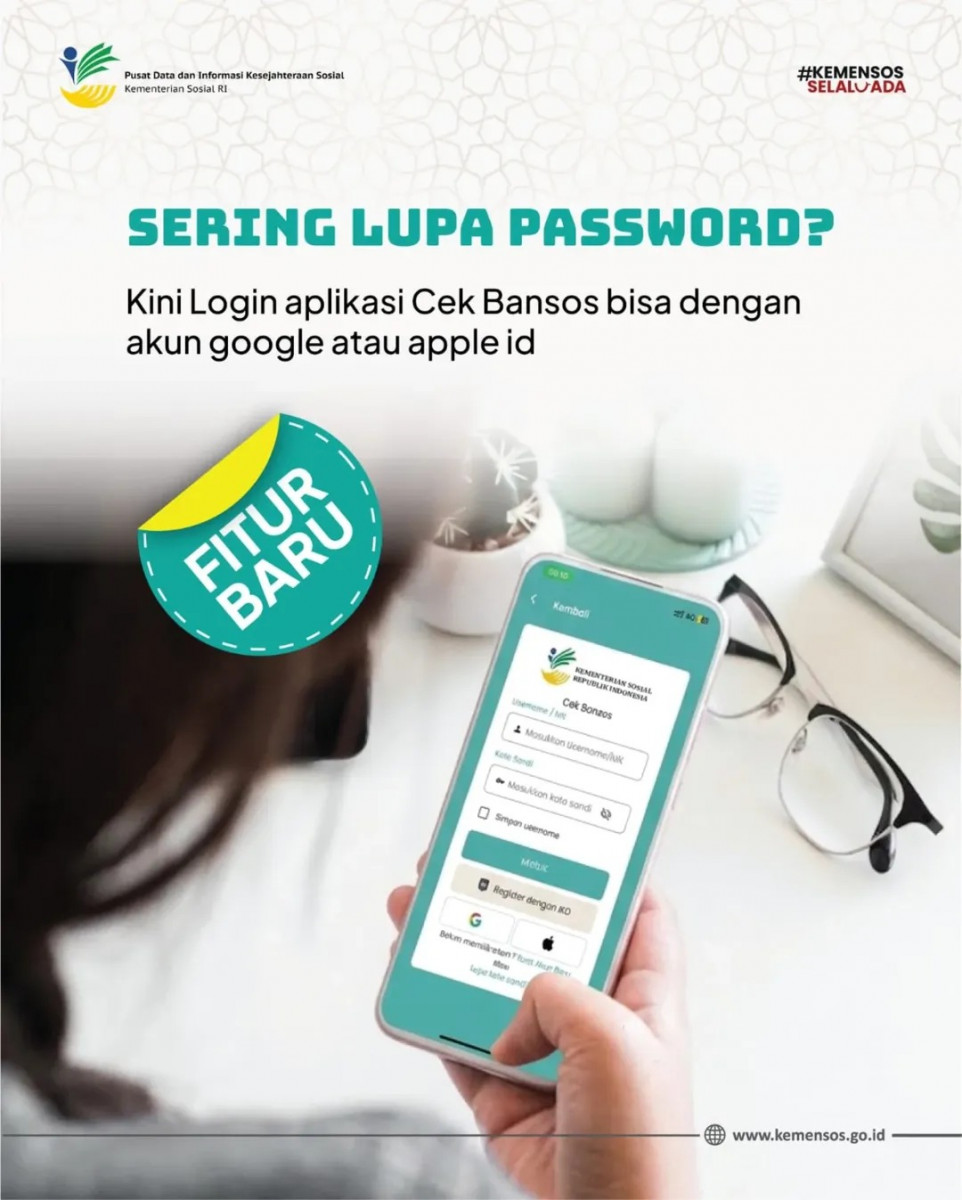 Sering Lupa Password?
Kini Login Aplikasi Cek Bansos bisa dengan akun google atau apple id

Aplikasi Cek Bansos dapat digunakan untuk:
- mengecek status kesejahteraan dan bansos
- mendaftar bansos untuk diri sendiri atau orang lain
- menyanggah bansos yang salah sasaran
- mengusulkan pembaruan DTSEN

Reposted from @pusdatinkesos