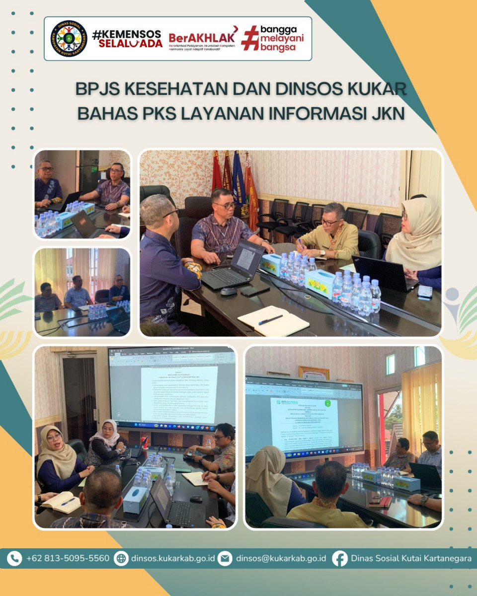 TENGGARONG, 26 Maret 2026 – BPJS Kesehatan bersama Dinas Sosial Kabupaten Kutai Kartanegara (Kukar) menggelar rapat pembahasan Perjanjian Kerja Sama (PKS) terkait pelaksanaan pemberian informasi status kepesertaan Jaminan Kesehatan Nasional (JKN).
.
.
.
.
.
Selengkapnya di : https://dinsos.kukarkab.go.id/index.php/2026/03/26/bpjs-kesehatan-dan-dinsos-kukar-bahas-pks-layanan-informasi-jkn/