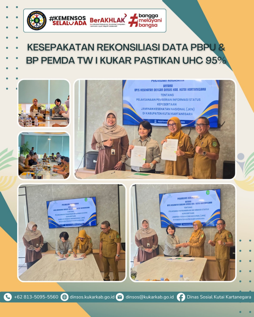 SAMARINDA, 30 Maret 2026 – BPJS Kesehatan bersama Dinas Sosial Kabupaten Kutai Kartanegara melaksanakan rekonsiliasi data peserta dan keuangan PBPU & BP Pemda Triwulan I. Kegiatan berlangsung di Meeting Room Decafe Resto and Pastry Samarinda, dengan agenda utama pembahasan data kepesertaan, keuangan, serta penandatanganan berita acara kesepakatan.
.
.
.
.
.
Selengkapnya di : https://dinsos.kukarkab.go.id/index.php/2026/03/30/kesepakatan-rekonsiliasi-data-pbpu-bp-pemda-tw-i-kukar-pastikan-uhc-95/