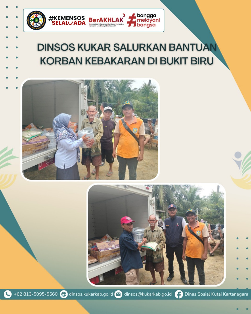 🔥 Kebakaran di Bukit Biru, Tenggarong 
Rabu (15/4) pukul 06.10 WITA terjadi kebakaran di Jl. Banyumas RT.21 Kelurahan Bukit Biru. Api berasal dari dapur dan menghanguskan 1 rumah gandeng, 2 KK (6 jiwa) terdampak.

🚒 Disdamkarmatan Kukar berhasil memadamkan api cepat sehingga tidak merembet ke bangunan lain. Kerugian masih dalam penyelidikan oleh Redkar Bukit Biru.

🤝 Pasca kejadian, Camat Tenggarong, Lurah Bukit Biru, Forum RT, BPBD Kukar, Dinsos Kukar, dan Camat Tenggarong hadir memberikan bantuan berupa sembako, kue kaleng, dan perlengkapan mandi anak.

🙏 Semoga bantuan ini meringankan beban keluarga korban dan menjadi penguat semangat untuk bangkit kembali.
.
.
.
.
.
Selengkapnya di : https://dinsos.kukarkab.go.id/index.php/2026/04/16/dinsos-kukar-salurkan-bantuan-korban-kebakaran-di-bukit-biru/