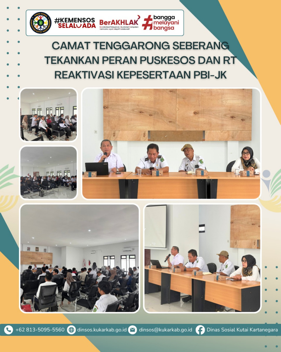 TENGGARONG SEBERANG, 8 April 2026 – Dinas Sosial Kabupaten Kutai Kartanegara melanjutkan rangkaian Sosialisasi Keputusan Menteri Sosial Nomor 3/HUK/2026 tentang Penetapan Bantuan Iuran Jaminan Kesehatan (PBI‑JK). Kegiatan berlangsung di Aula Kecamatan Tenggarong Seberang dan dihadiri oleh Camat Tenggarong Seberang Sukono, Sekretaris Camat, para Kasi Kesra, serta tim Puskesos Kecamatan Tenggarong Seberang.
.
.
.
.
.
Seelngkapnya di : https://dinsos.kukarkab.go.id/index.php/2026/04/09/camat-tenggarong-seberang-tekankan-peran-puskesos-dan-rt-reaktivasi-kepesertaan-pbi-jk/