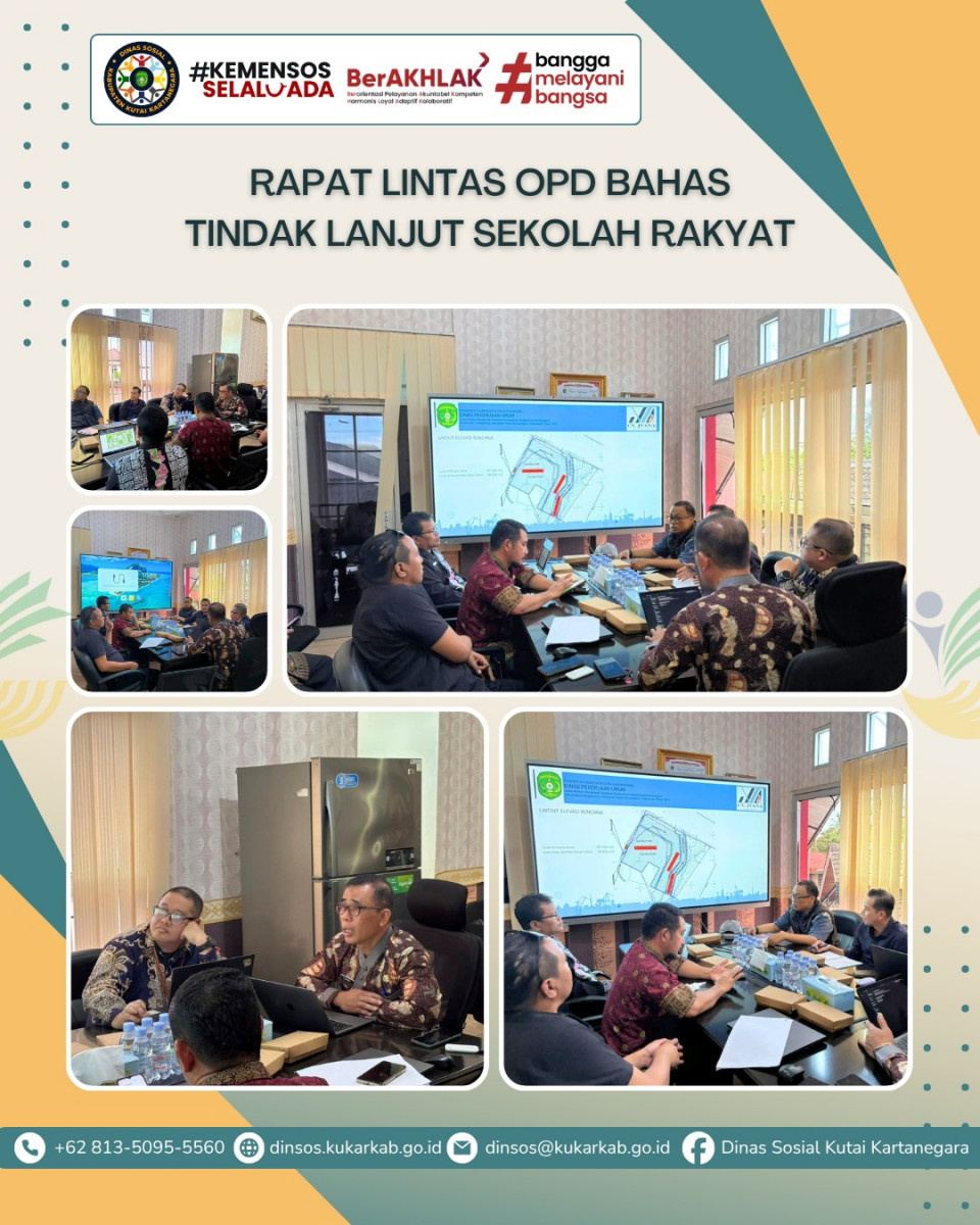 TENGGARONG, 9 April 2026 – Dinas Sosial Kabupaten Kutai Kartanegara menggelar rapat tindak lanjut rencana Sekolah Rakyat menindaklanjuti surat Kepala Dinas Pekerjaan Umum Kukar Nomor B‑77/DPU/600.1/3/2026 tanggal 13 Maret 2026. Rapat berlangsung di Ruang Rapat Kepala Dinas Sosial pukul 10.00 WITA dengan agenda pembahasan rencana penyelenggaraan Sekolah Rakyat di Kukar.
.
.
.
.
.
Selanjutnya di : https://dinsos.kukarkab.go.id/index.php/2026/04/09/rapat-lintas-opd-bahas-tindak-lanjut-sekolah-rakyat/