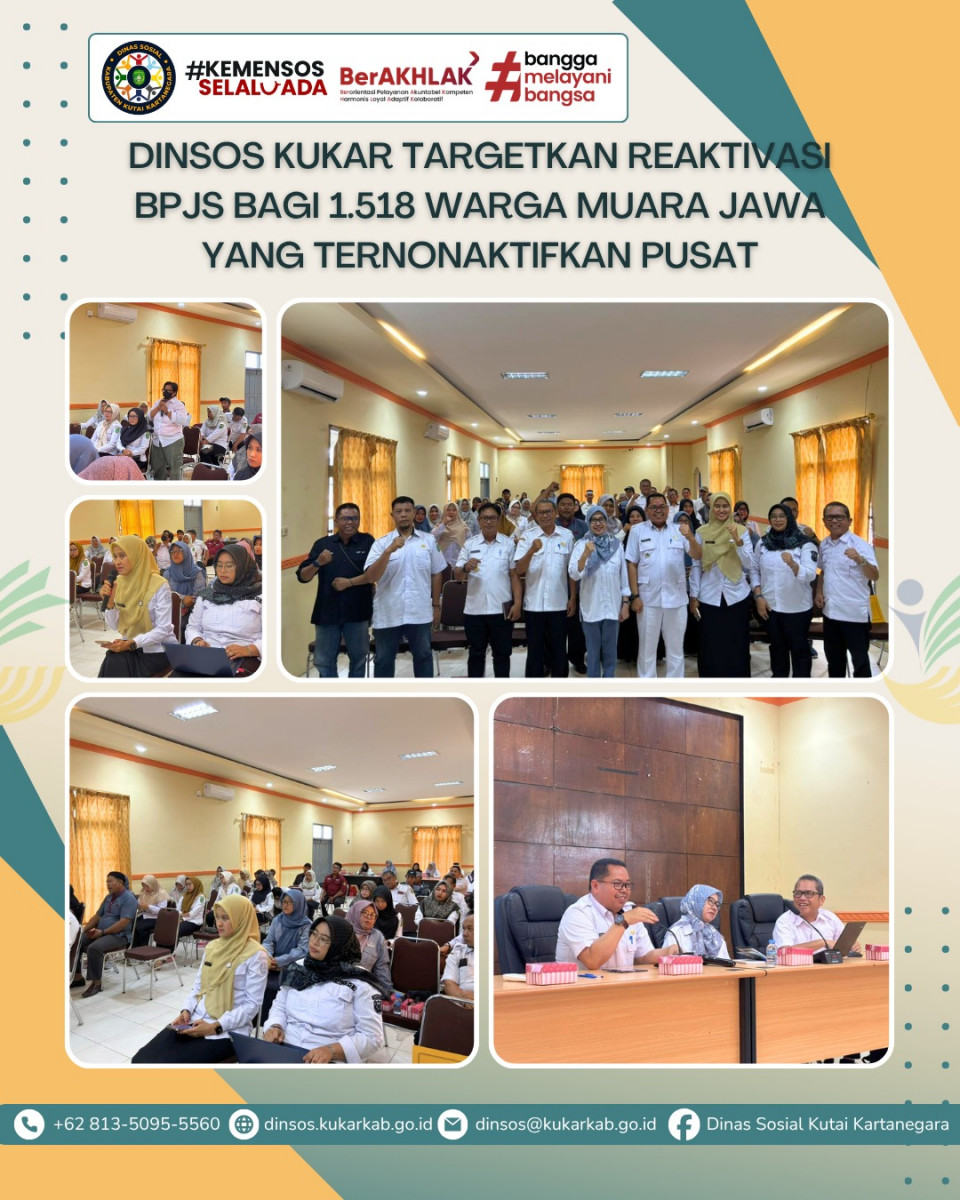 MUARA JAWA, 22 April 2026 – Langkah responsif diambil Pemerintah Kabupaten Kutai Kartanegara melalui Dinas Sosial dalam menyikapi penonaktifan kepesertaan Jaminan Kesehatan Nasional (JKN) secara massal oleh Pemerintah Pusat. Kecamatan Muara Jawa menjadi salah satu wilayah dengan jumlah kepesertaan nonaktif yang cukup signifikan, yakni mencapai 1.518 jiwa.
.
.
.
.
.
Selengkapnya di : https://dinsos.kukarkab.go.id/index.php/2026/04/23/dinsos-kukar-targetkan-reaktivasi-bpjs-bagi-1-518-warga-muara-jawa-yang-ternonaktifkan-pusat/