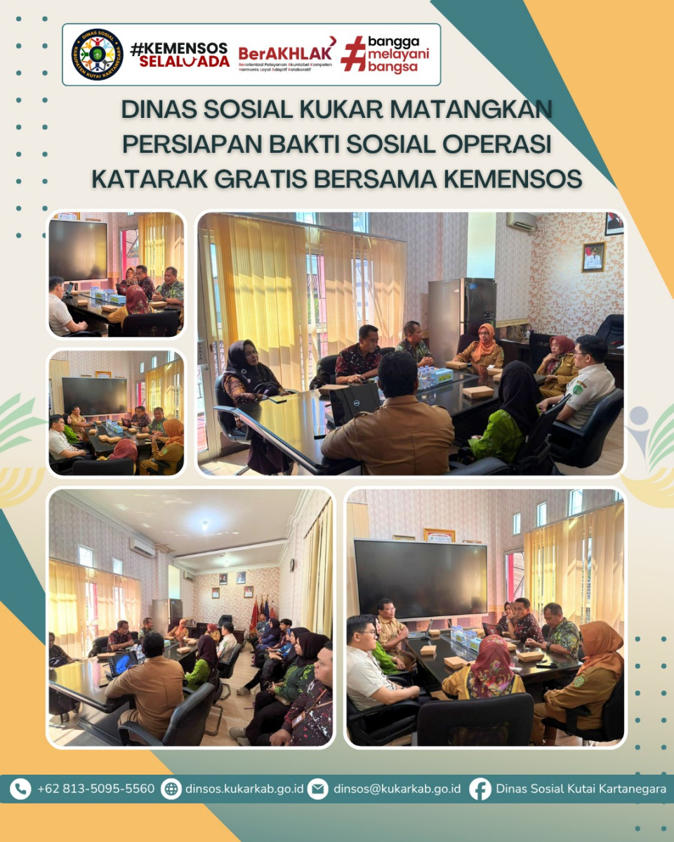 TENGGARONG, 28 April 2026 – Dinas Sosial Kabupaten Kutai Kartanegara (Kukar) menggelar rapat koordinasi penting guna mematangkan persiapan kegiatan Bakti Sosial yang diinisiasi oleh Kementerian Sosial RI. Rapat yang berlangsung di Ruang Rapat Dinas Sosial ini membahas rencana pelaksanaan operasi katarak gratis bagi masyarakat.
.
.
.
.
.
Selengkapnya di : https://dinsos.kukarkab.go.id/index.php/2026/04/28/dinas-sosial-kukar-matangkan-persiapan-bakti-sosial-operasi-katarak-gratis-bersama-kemensos/