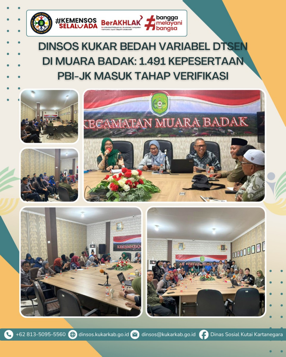 MUARA BADAK, 30 April 2026 – Dinas Sosial Kabupaten Kutai Kartanegara kembali melakukan langkah proaktif dalam menindaklanjuti kebijakan pusat terkait penonaktifan kepesertaan Penerima Bantuan Iuran Jaminan Kesehatan (PBI-JK). Untuk wilayah Kecamatan Muara Badak, tercatat sebanyak 1.491 jiwa kepesertaan telah dinonaktifkan oleh pemerintah pusat berdasarkan Keputusan Menteri Sosial Nomor 3/HUK/2026.
.
.
.
.
.
Selengkapnya di : https://dinsos.kukarkab.go.id/index.php/2026/04/30/dinsos-kukar-bedah-variabel-dtsen-di-muara-badak-1-491-kepesertaan-pbi-jk-masuk-tahap-verifikasi/