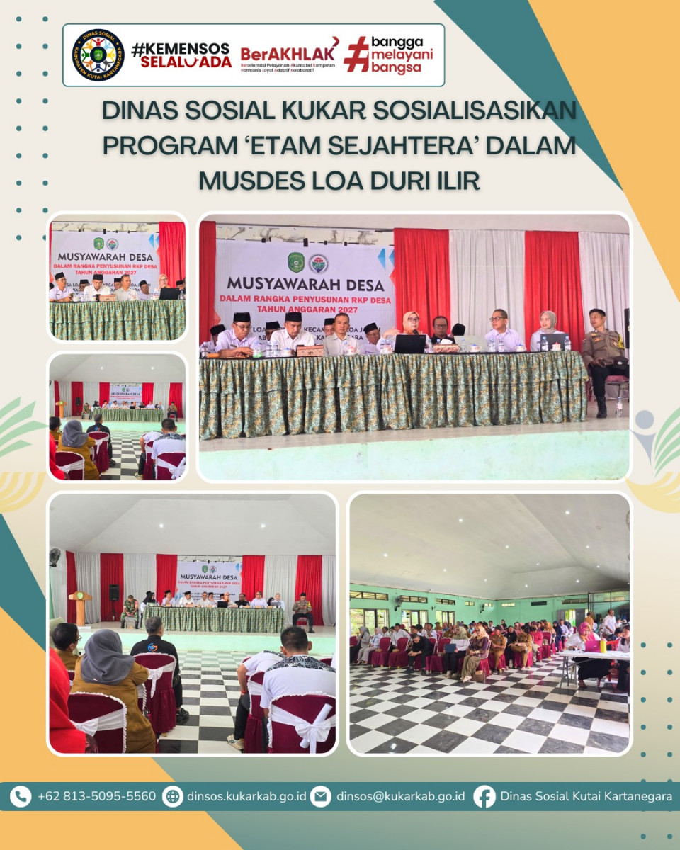 LOA JANAN, 13 Mei 2026 – Dalam upaya memperkuat jangkauan perlindungan sosial di tingkat desa, Kepala Dinas Sosial Kabupaten Kutai Kartanegara, Rinda Desianti, S.Sos., M.Si., hadir sebagai narasumber utama pada Musyawarah Desa (Musdes) Desa Loa Duri Ilir yang diselenggarakan oleh Badan Permusyawaratan Desa (BPD) pada Rabu, 13 Mei 2026. Kehadiran Kadis Sosial ini bertujuan untuk memberikan edukasi komprehensif mengenai berbagai skema bantuan sosial yang tersedia di wilayah Kutai Kartanegara, sekaligus menyelaraskan data kemiskinan desa dengan visi besar “Kukar Idaman Terbaik” dalam mewujudkan pemenuhan pelayanan dasar bagi seluruh lapisan masyarakat.
.
.
.
.
.
Selengkapnya di : https://dinsos.kukarkab.go.id/index.php/2026/05/14/dinas-sosial-kukar-sosialisasikan-program-etam-sejahtera-dalam-musdes-loa-duri-ilir/