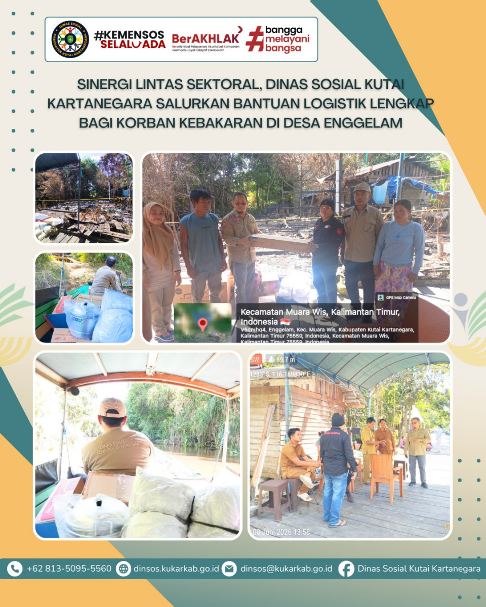 TENGGARONG – Pemerintah Kabupaten Kutai Kartanegara melalui Dinas Sosial bergerak cepat dalam menangani dampak bencana kebakaran yang melanda permukiman warga di Desa Enggelam, Kecamatan Muara Wis. Musibah kebakaran tersebut terjadi pada hari Kamis, 5 Juni 2026 sekitar pukul 20.34 WITA, yang mengakibatkan satu unit rumah mengalami kerusakan parah serta kerugian harta benda bagi warga yang terdampak.
.
.
.
.
.
Selengkapnya di : https://dinsos.kukarkab.go.id/index.php/2026/06/08/sinergi-lintas-sektoral-dinas-sosial-kutai-kartanegara-salurkan-bantuan-logistik-lengkap-bagi-korban-kebakaran-di-desa-enggelam/