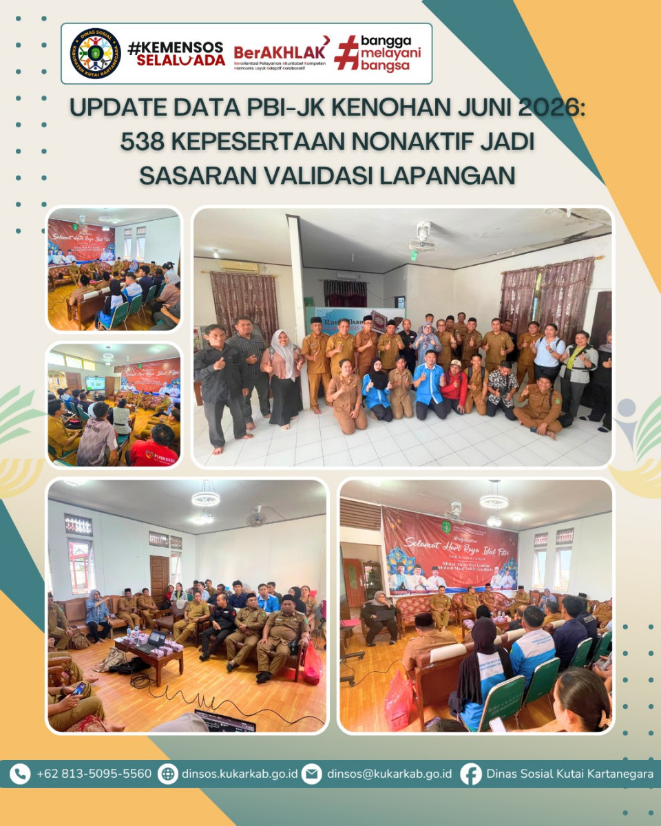 KENOHAN, 09 Juni 2026 – Memasuki pertengahan tahun 2026, Pemerintah Kabupaten Kutai Kartanegara melalui Dinas Sosial terus mengawal keakuratan data penerima jaminan kesehatan gratis. Berdasarkan data evaluasi berkala per 9 Juni 2026, tercatat sebanyak 538 jiwa kepesertaan Penerima Bantuan Iuran Jaminan Kesehatan (PBI-JK) di wilayah Kecamatan Kenohan telah dinonaktifkan oleh pemerintah pusat.
.
.
.
.
.
Selengkapnya di : https://dinsos.kukarkab.go.id/index.php/2026/06/09/update-data-pbi-jk-kenohan-juni-2026-538-kepesertaan-nonaktif-jadi-sasaran-validasi-lapangan/